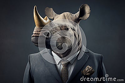 Portrait of a Rhinoceros Dressed in a Formal Business Suit, The Elegant Boss Rhinoceros, created with generative AI Stock Photo