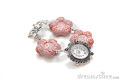 Elegant bracelet from volcanic lava and silver with watch Stock Photo