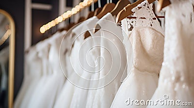 Elegant Bridal Dresses on Display in Boutique: Luxury Wedding Fashion. Generative ai Cartoon Illustration