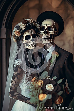 Elegant bride and groom skeletons on the wedding day. AI genarated Stock Photo