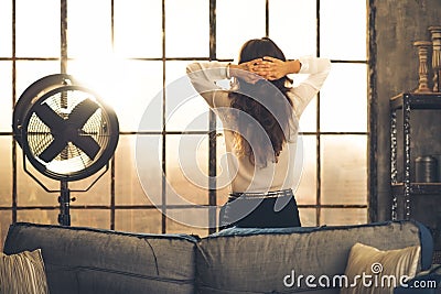 Elegant brunette woman in a loft living room Stock Photo