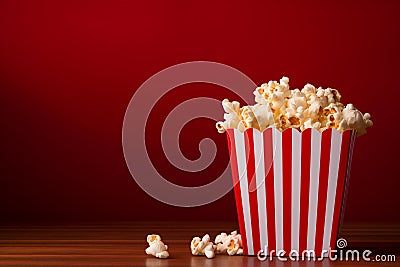 An elegant bucket cup containing delicious homemade popcorn on a red background with striped stripes Stock Photo