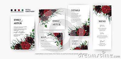 Elegant burgundy red and greenery floral vector set. Wedding invite, rsvp, menu, place card, save the date cards with garden rose Vector Illustration
