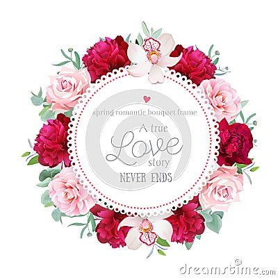 Elegant burgundy red peonies, orchid, rose, camellia, eucalyptus leaves round vector frame Vector Illustration