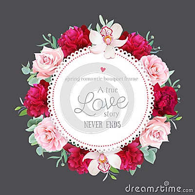 Elegant burgundy red peonies, orchid, rose, camellia, eucalyptus Vector Illustration