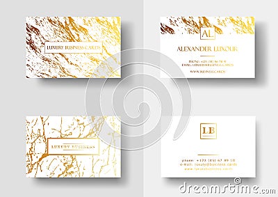 Elegant business cards with marble texture and gold detail vector template, banner or invitation with golden foil Vector Illustration