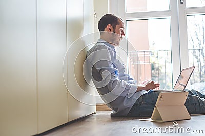 Elegant business multitasking multimedia man Stock Photo