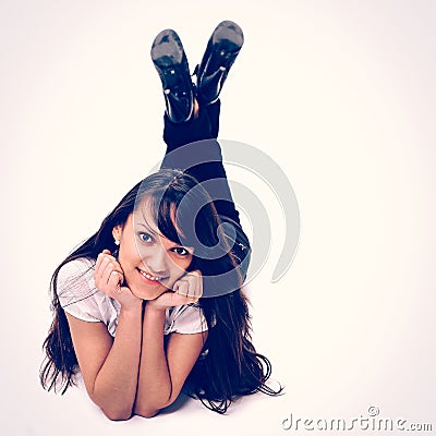 Elegant business woman drawn the ground with laptop, isolated on a white background Stock Photo