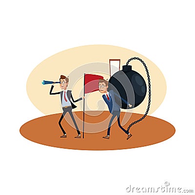 Elegant businessmen with telescope and fetter slave comic characters Vector Illustration