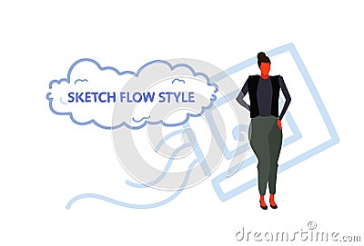 Elegant businesswoman standing pose brunette business woman female cartoon character full length sketch flow style Vector Illustration