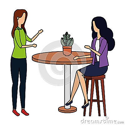 elegant businesswomen in table with houseplant Cartoon Illustration