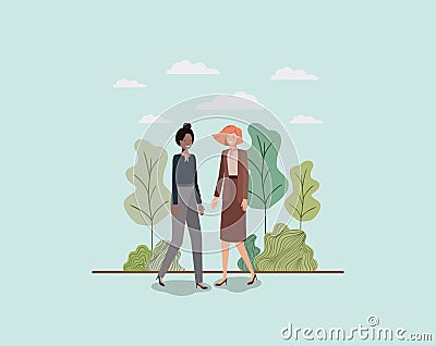 Elegant businesswomen walking in the park Vector Illustration