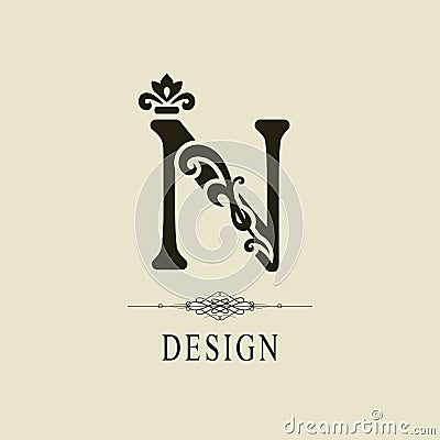 Elegant Capital letter N. Graceful royal style. Calligraphic beautiful logo. Vintage floral drawn emblem for book design, brand Vector Illustration