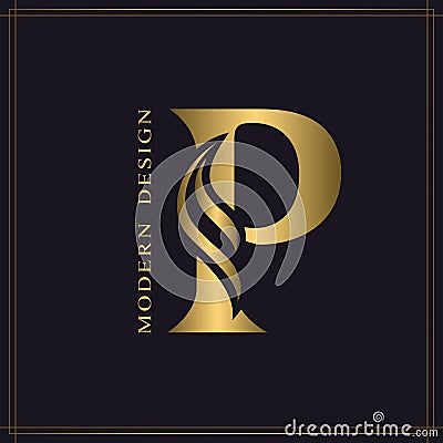 Elegant Capital letter P. Graceful Royal Style. Calligraphic Beautiful Logo. Vintage Gold Drawn Emblem for Book Design, Brand Name Vector Illustration