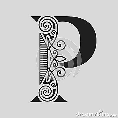 Elegant Capital letter P. Graceful style. Calligraphic Beautiful Logo. Vintage Drawn Emblem for Book Design, Brand Name, Business Vector Illustration