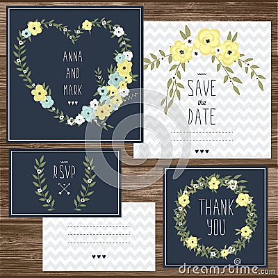 Elegant cards collection with floral bouquets and wreath design elements Vector Illustration