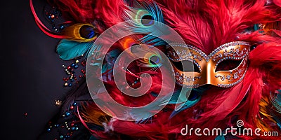 An elegant carnival half mask with colorful and sparkling feathers on a red insulated one. Stock Photo