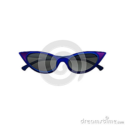 Elegant cat eye sunglasses with blue frame and black tinted lenses. Protective eyewear for stylish women. Flat vector Vector Illustration