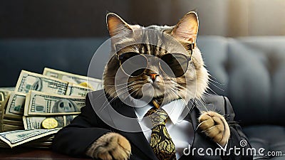 a elegant cat in a suit and sunglasses background money, looking heck in cool and styles Stock Photo