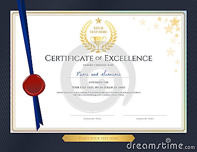 Elegant certificate template for excellence, achievement, appreciation or completion on blue border background Vector Illustration