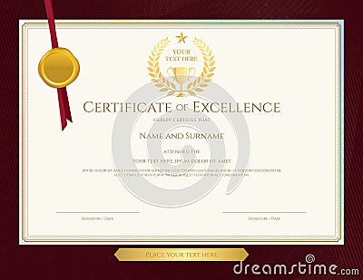 Elegant certificate template for excellence, achievement, appreciation or completion on red border background Vector Illustration