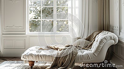 Elegant chaise lounge by bay window with luxurious decor, cozy home, Ai generative Stock Photo