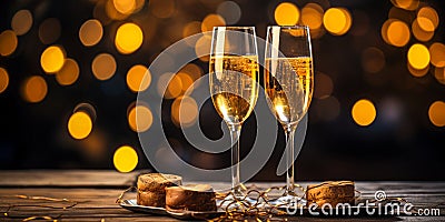 Elegant Champagne Flutes with Golden Bubbles on Wood, Celebratory Toast Against a Festive Bokeh Lights Background Stock Photo