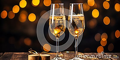 Elegant Champagne Flutes with Golden Bubbles on Wood Celebratory Toast Against a Festive Bokeh Lights Background Stock Photo