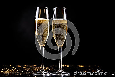 Elegant Champagne Toast in Darkness. Stock Photo