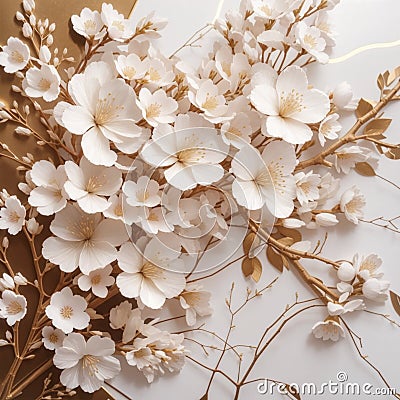 Elegant Cherry Blossom Floral Patterns on Marble Tiles with Golden Accents Stock Photo