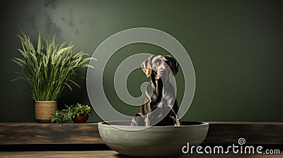 Elegant Chiaroscuro: A Dog In A Bowl With Volumetric Lighting Stock Photo