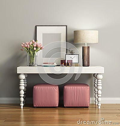 Elegant chic brown console table with stools Stock Photo