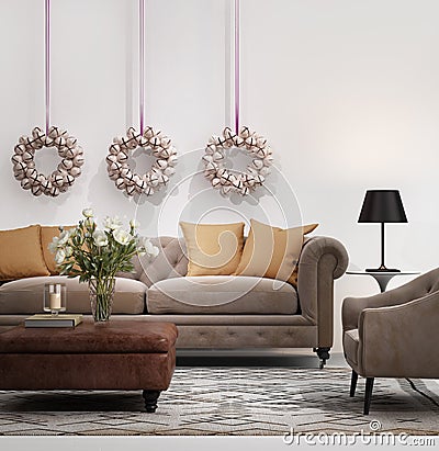 Elegant chic brown sofa with christmas bells wreath Stock Photo