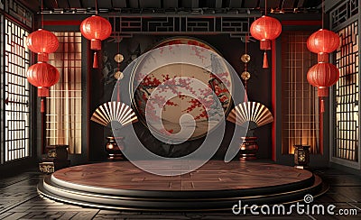 Elegant Chinese style background with dark red and gold decor, lanterns, and floral elements Stock Photo