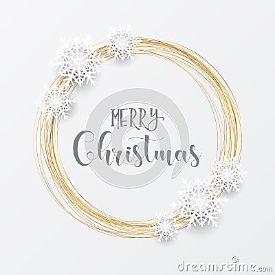 Elegant Christmas background with gold circular frame and snowflakes Vector Illustration