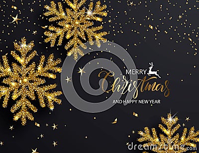 Elegant Christmas Background with Shining Gold Snowflakes. Vector illustration. Vector Illustration