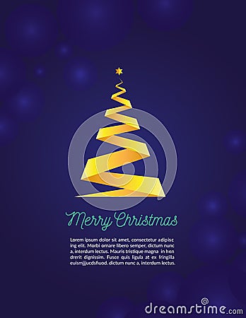 Merry christmas fancy gold xmas tree in ribbon style on navy background. Ideal for greeting card or elegant holiday party invitati Vector Illustration