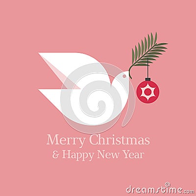 Elegant Christmas card with seasons greetings and white dove holding fir tree branch with christmas ball Vector Illustration