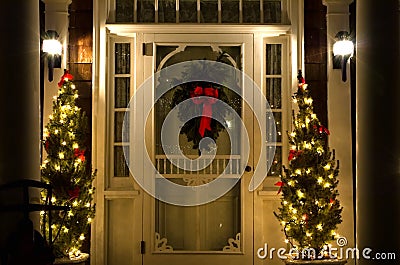 Elegant Christmas Doorway at Night Stock Photo