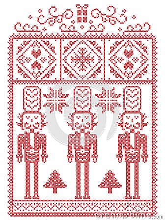 Elegant Christmas Scandinavian, Nordic style winter stitching, pattern including snowflake, heart, nutcracker soldier, Christmas Vector Illustration