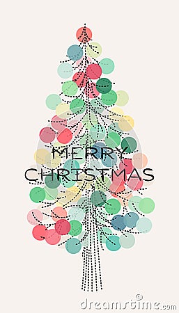 Christmas tree with pastel balls and Merry Christmas greetings Vector Illustration
