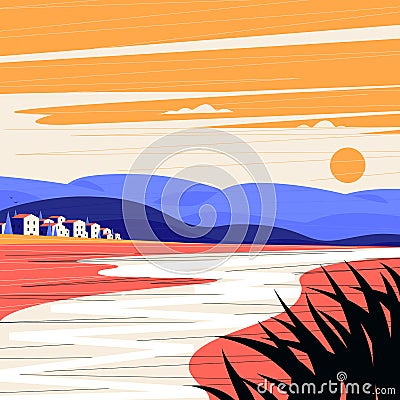 Elegant cityscape of small city on a background of mountains. Rural landscape with cute village and lake at sunset Vector Illustration