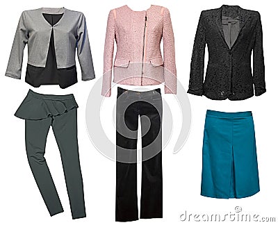 Elegant classic female clothes collage. Woman wear set. Stock Photo