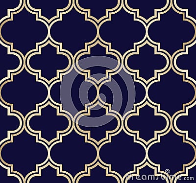 Elegant classic gold-colored moroccan trellis vector seamless pattern on dark blue background. Vector Illustration