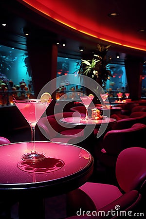 Elegant cocktail glasses on tables with moody red lighting in a modern lounge bar, club or nightclub Stock Photo