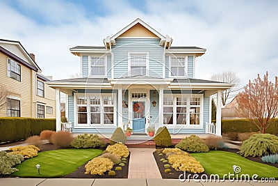 elegant colonial with window symmetry and ornamental bushes Stock Photo