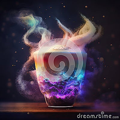 An elegant and colorful ceramic cup holds a perfectly crafted latte Stock Photo