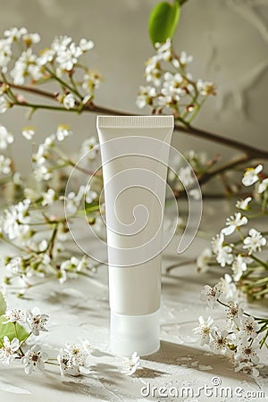 Elegant Cosmetic Tube on Minimalist Pedestal with Natural Elements Stock Photo