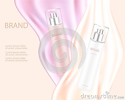 Elegant cosmetics ads. Flowing gold and pink silk. Vector Illustration