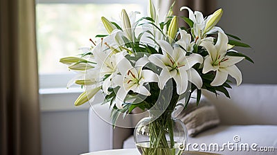 Elegant Cosmos Arrangement: White Lilies In A Vase For Serene Living Space Stock Photo